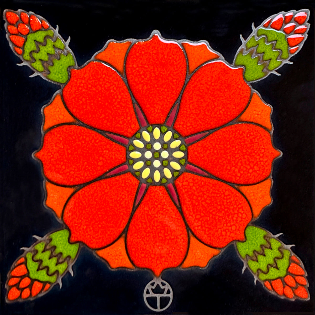 Exclusive collection of beautiful hand-glazed, hand-fired ceramic tiles from Tucson artist Wil Taylor's original Desert Blossom Series, with tile work done by local company - Carly Quinn Designs.  Each tile measures 6 x 6 inches and has cork backing. They can be enjoyed as a wall hanging, trivet, or decorative installation. Fabulous gift item! 
