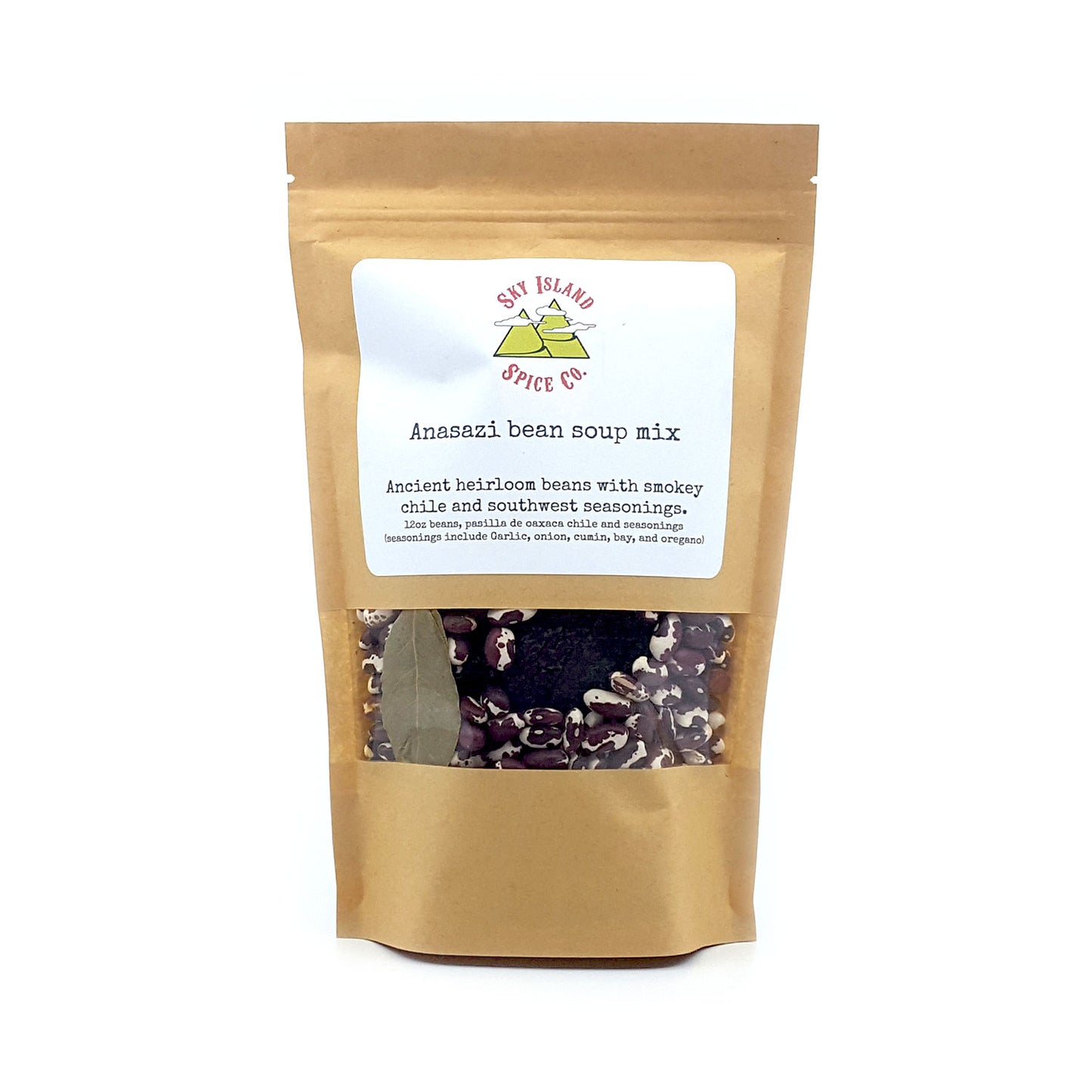 This delicious soup mix contains ancient heirloom beans with smoky chile and southwest seasonings Anasazi beans, Pasilla de Oaxaca chiles, seasonings include garlic, onion, cumin, bay leaf and oregano Easy to cook: Rinse beans and add water, aromatics and seasoning packet Vegan Hearty and delicious 4 servings