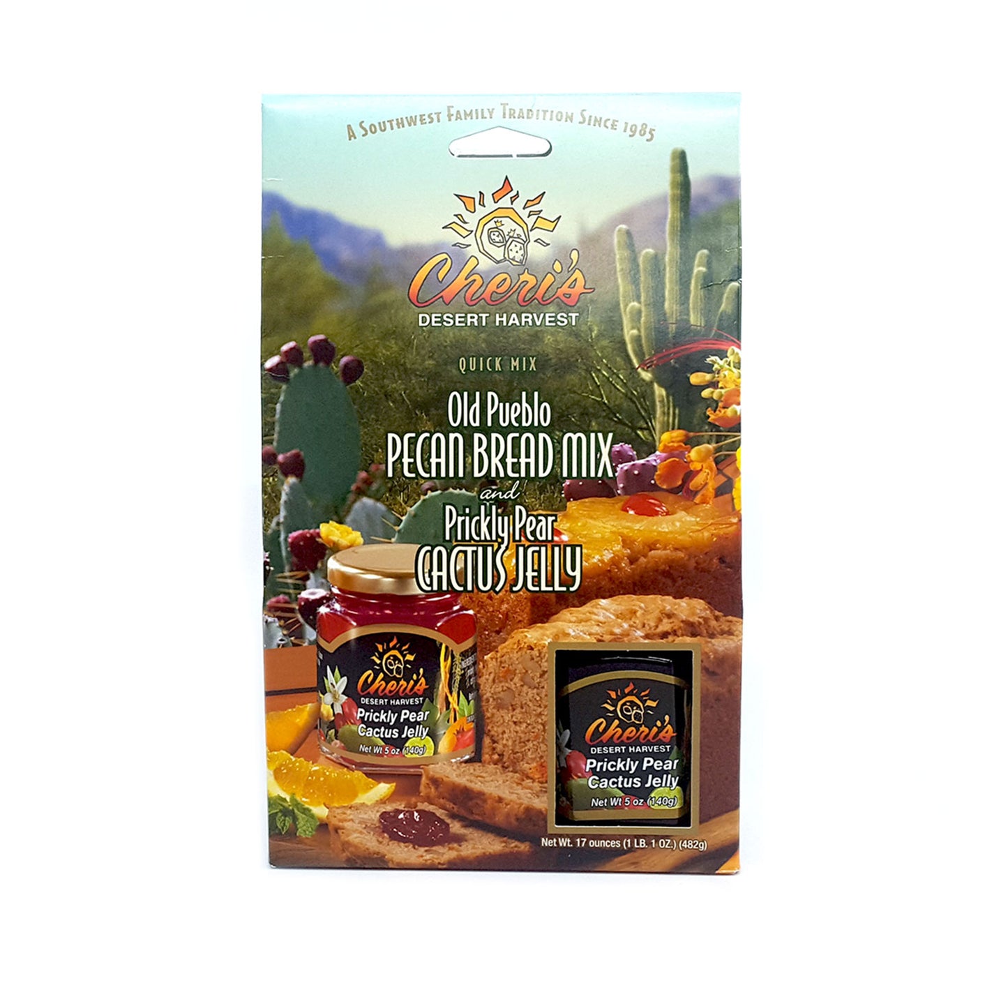 The light cake-like texture of this pecan bread pairs perfectly with the fruity flavor of prickly pear jelly. Serve warm or cool, additional recipe on package. Includes a 5 ounce jar of Prickly Pear Cactus Jelly Local Tucson product Net weight 17 ounces