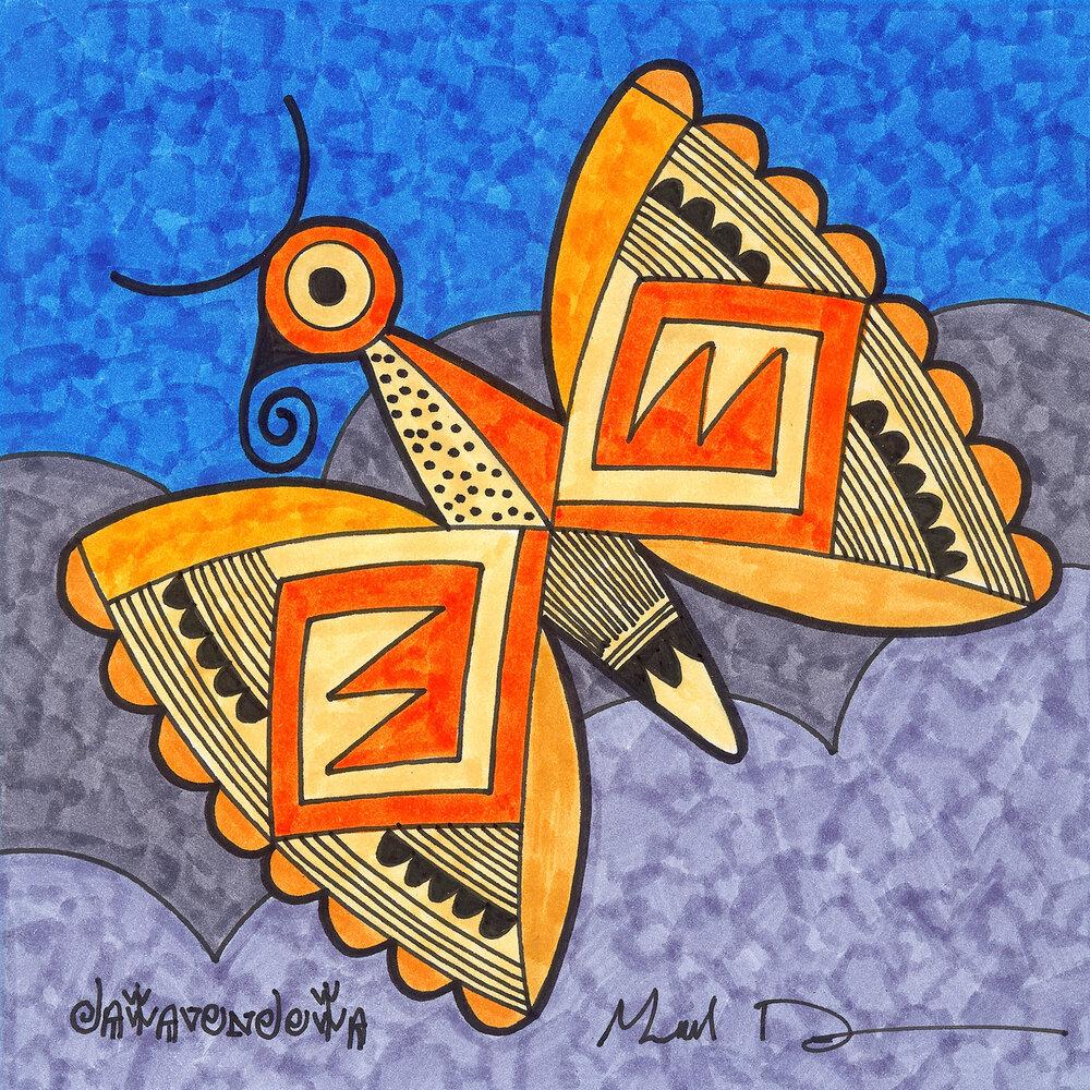 6" square wrapped canvas print featuring butterfly with clouds in the background by Hopi artist Gerald Dawavendewa 