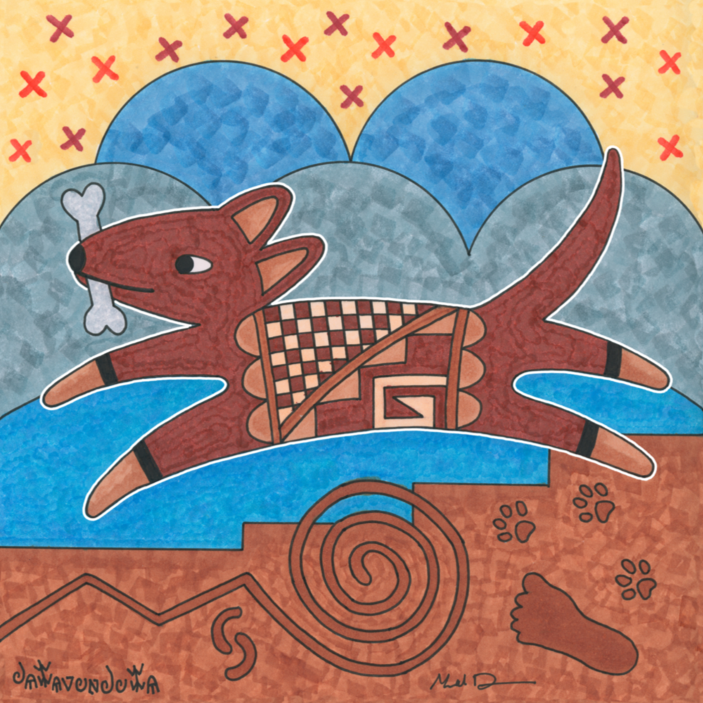 6" square wrapped canvas with image of leaping dog with a bone in its mouth. Hopi artist Gerald Dawavendewa