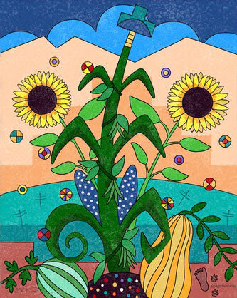 "For the Hopi people creating a life of happiness and plenty in a desert environment can be symbolized by plants that the Hopi cultivated and gathered to create a culture that has endured for thousands of years. Plants are not only used to nourish the people but are integral to Hopi culture. Plant-life plays a part in ceremonies, traditions, and life-events. Every plant is celebrated and respected, For the Hopi, the blue corn ear is symbolically the first crop they grew in this world and it defines their cu