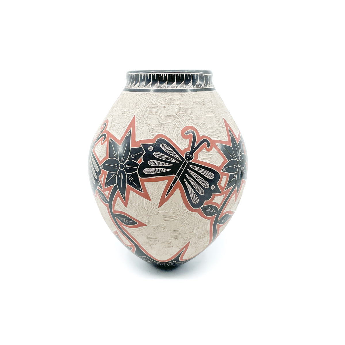 Incised Dragonflies and Flowers on White Clay Pot
