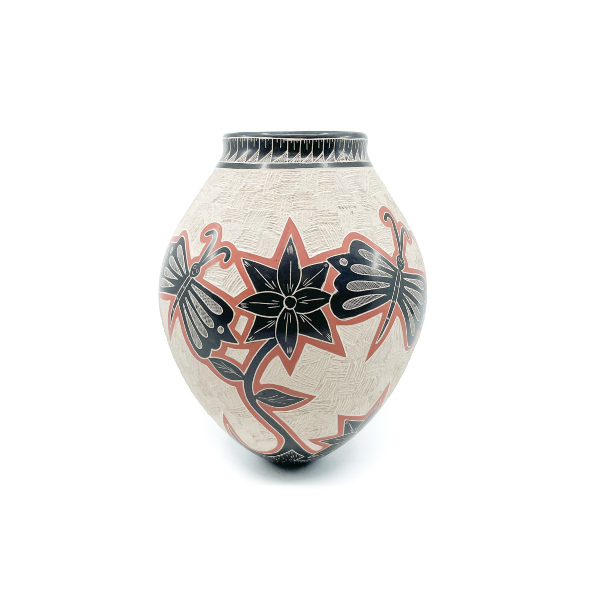 Incised Dragonflies and Flowers on White Clay Pot
