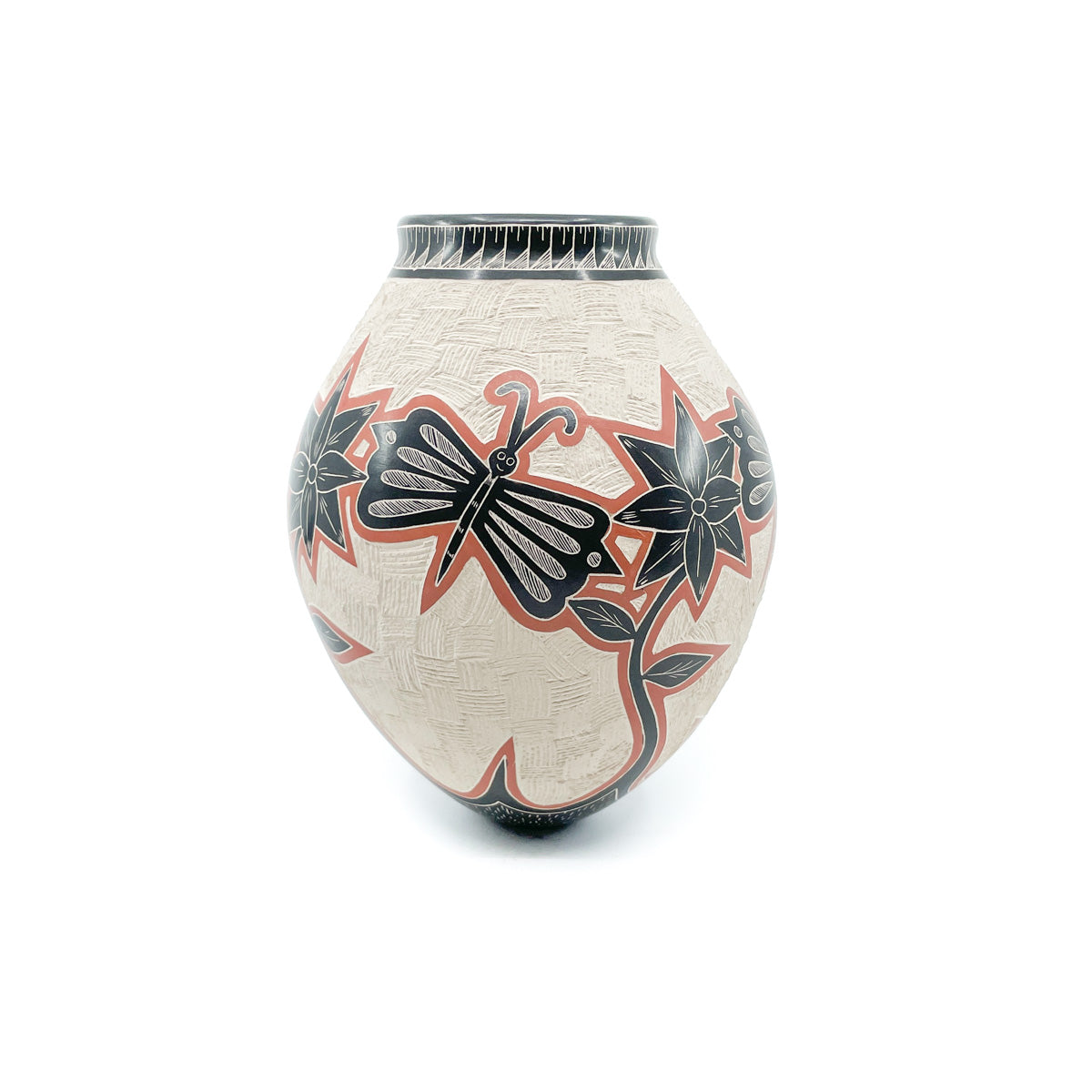 Incised Dragonflies and Flowers on White Clay Pot