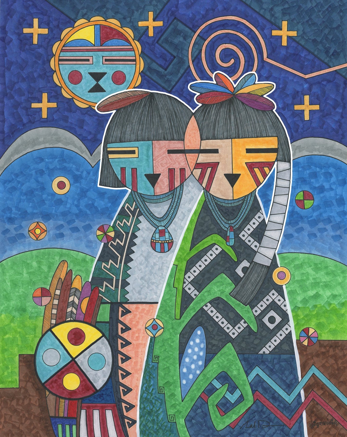 "A couple journeys through life with good will and blessings surrounded with elements of life..." White matted print measures 11 x 14 inches&nbsp; Image is 9.5 x 7.5 inches&nbsp; Information about the artist and Hopi culture included