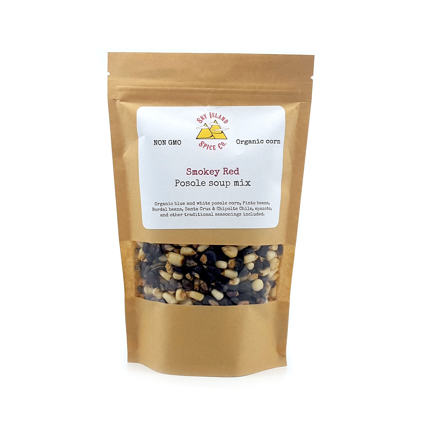 Organic blue and white posole corn, Pinto beans, Bordal beans, Santa Cruz &amp; Chipotle chile, epazote and other traditional seasonings included Rinse and soak beans overnight Easy to cook: add water, aromatics and the protein of your choice, if desired Non GMO Delicious, hearty and comforting&nbsp; 4 servings