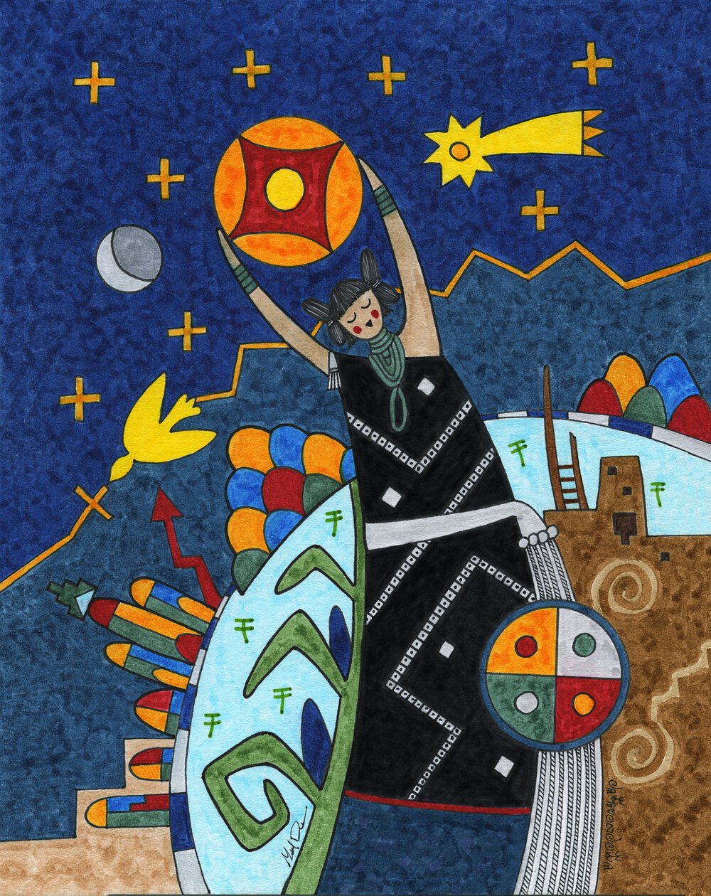 "Across the desert mesas, the Hopi people call home, the night sky is filled with the elements of the cosmos. A young woman wearing a traditional manta dress with corn designs reaches outward from earth to hold a star within the cosmos." White matted print measures 11 x 14 inches&nbsp; Image is 9.5 x 7.5 inches&nbsp; Information about the artist and Hopi culture included