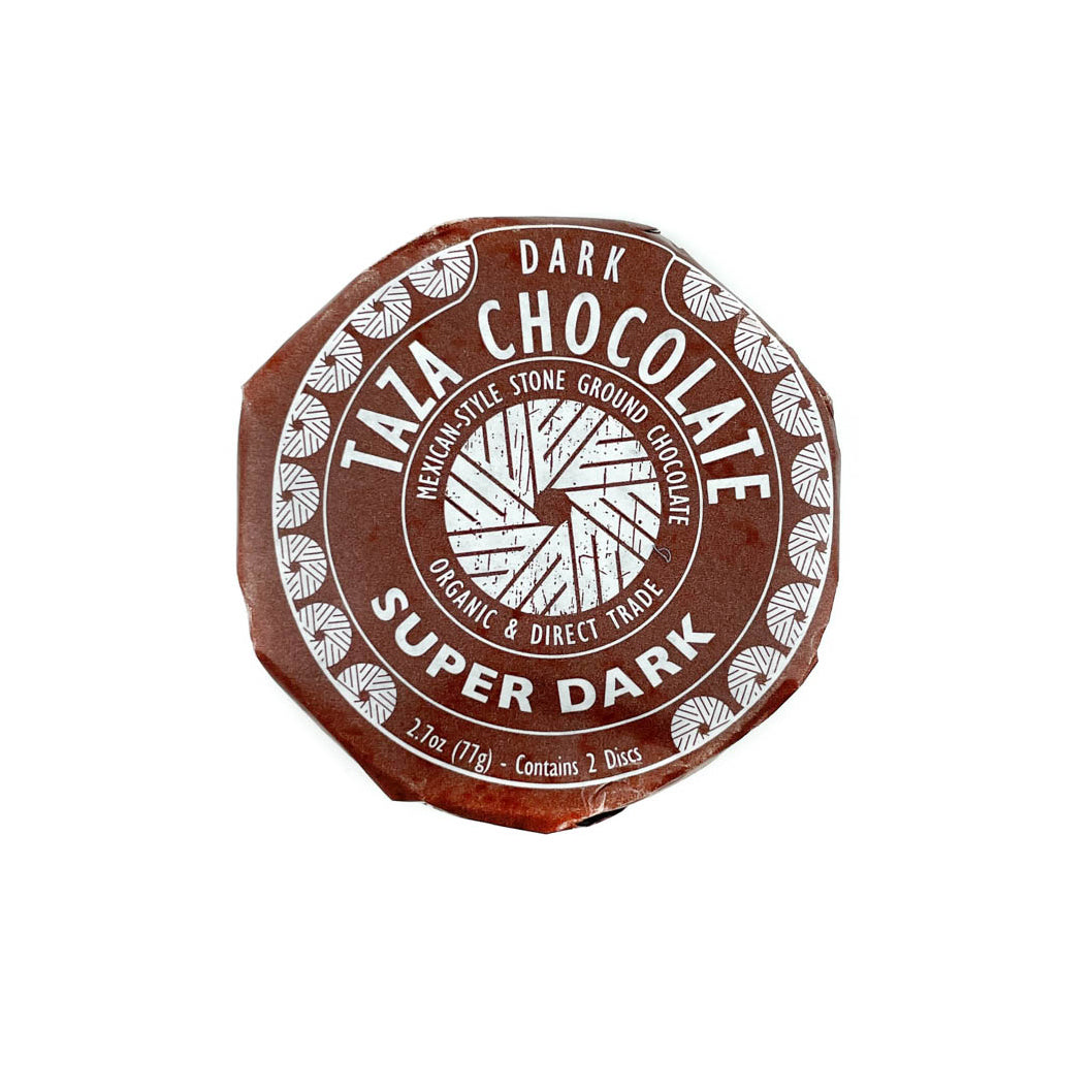 2.7 oz (77g) package of two Mexican-style stone ground organic and direct trade super dark chocolate discs by Taza Chocolate