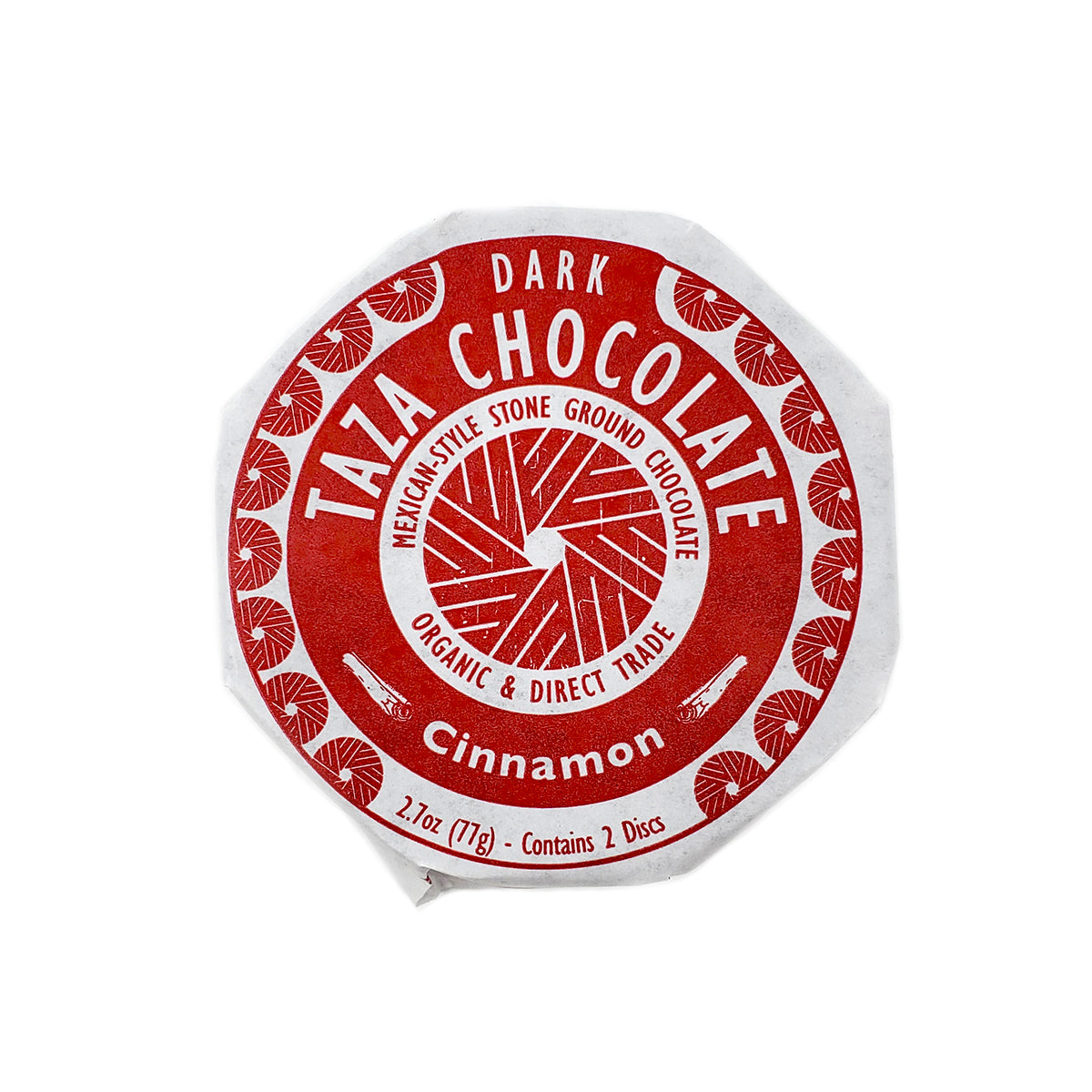 2.7 oz (77g) package of two Mexican-style stone ground organic and direct trade cinnamon flavor dark chocolate discs by Taza Chocolate
