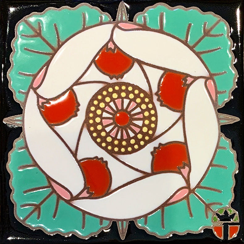 white and red desert 5 spot flower on black background ceramic tile by wil taylor