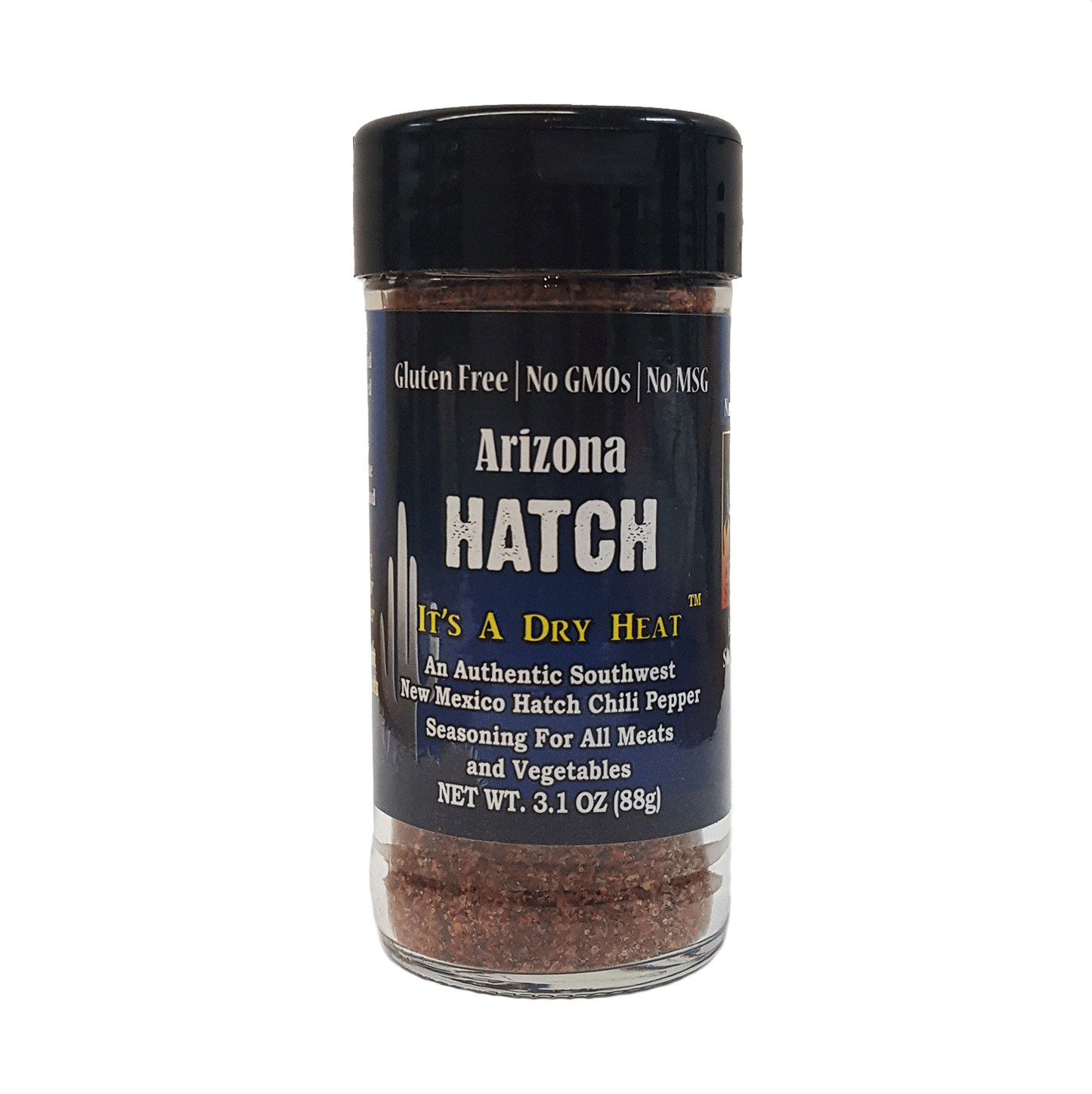 The New Mexico Hatch chili pepper is a great full flavored pepper that has a kick. This is a seasoning blend that is about 95% Hatch with a low salt content. This bottle contains the equivalent of approximately one pound of Hatch peppers with seeds. 3.10 ounces&nbsp; Heat Scale 7/10