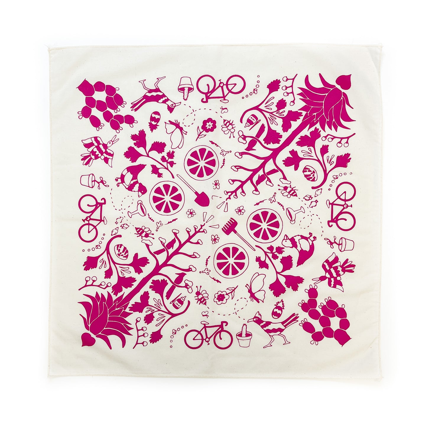 Hand Screen Printed 100% Cotton "Agave" Bandana - Hot Pink on Natural