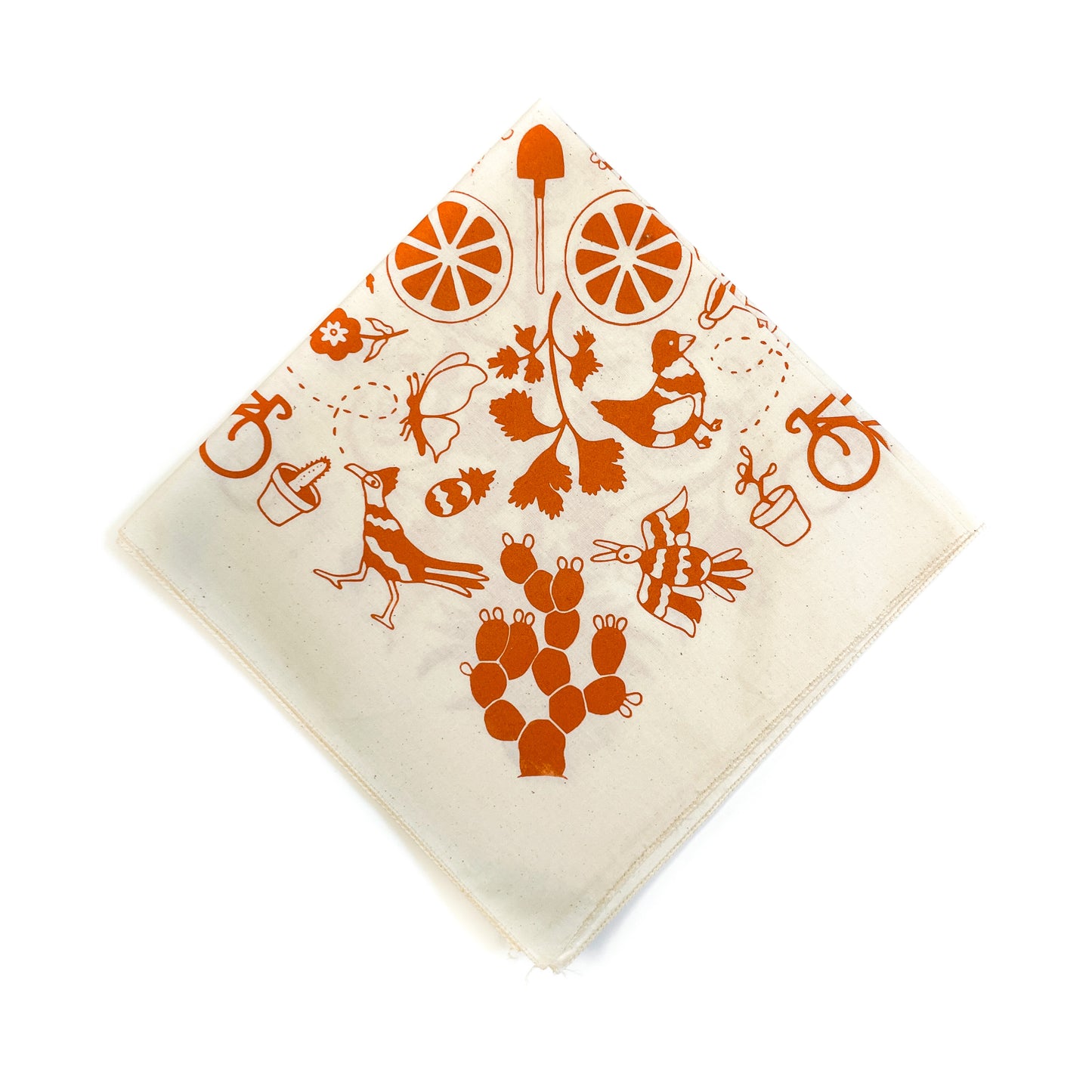 Designed and hand screenprinted by Tucson artist Alexandra Jimenez Motif is inspired by Otomì (central Mexico) embroidery designs and features the majestic agave and other plants and herbs, desert creatures, and fun stuff found in your backyard Fabric is 100% cotton and is 22” x 22” but will shrink a little bit after washing NOTE: Hand washing recommended!