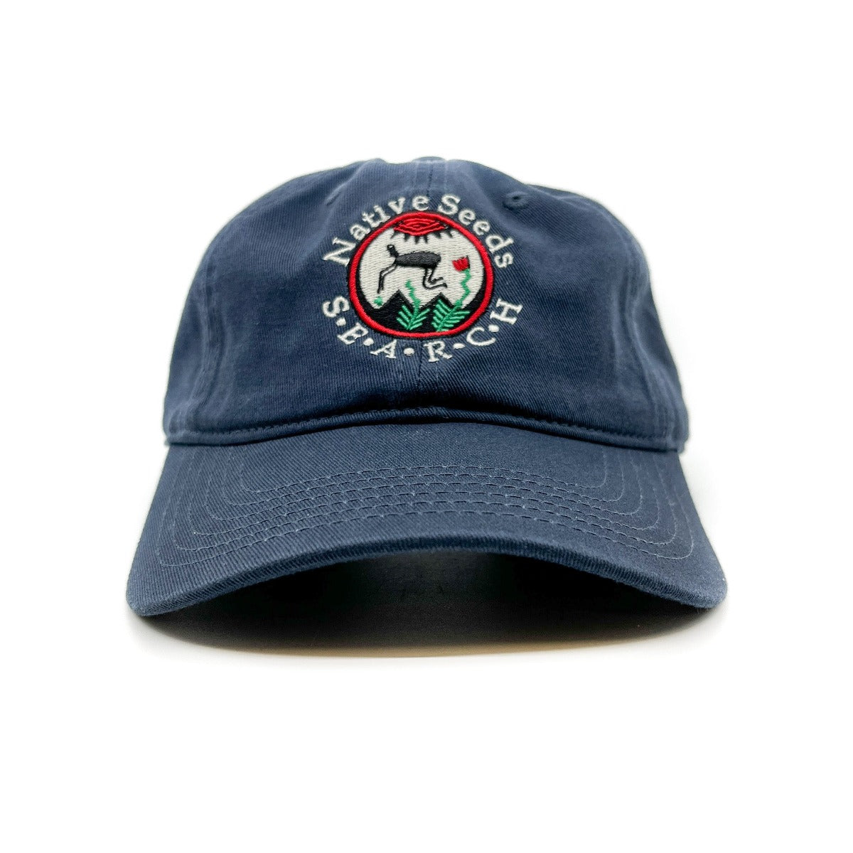 native seeds search logo baseball cap 100% organic cotton, embroidered logo, adjustable metal clasp on back - color is navy blue. comfy, breathable baseball cap