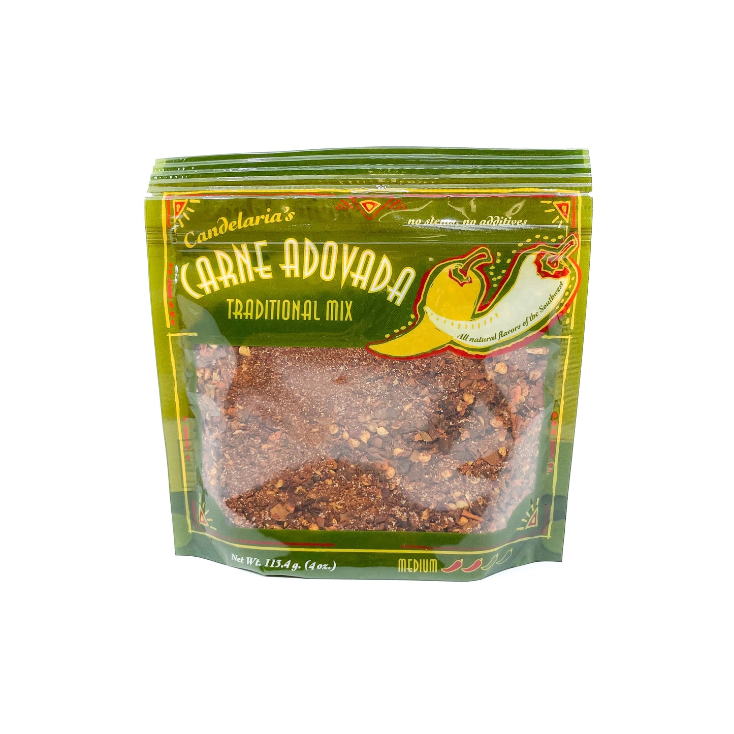 Once a coveted, traditional Southwestern holiday favorite, Candelaria's Carne Adovada can now be enjoyed any time of the year!  All natural, no sugar, preservatives or additives, no stems. Gluten Free. Made from select red chiles, garlic and salt. Medium heat.
