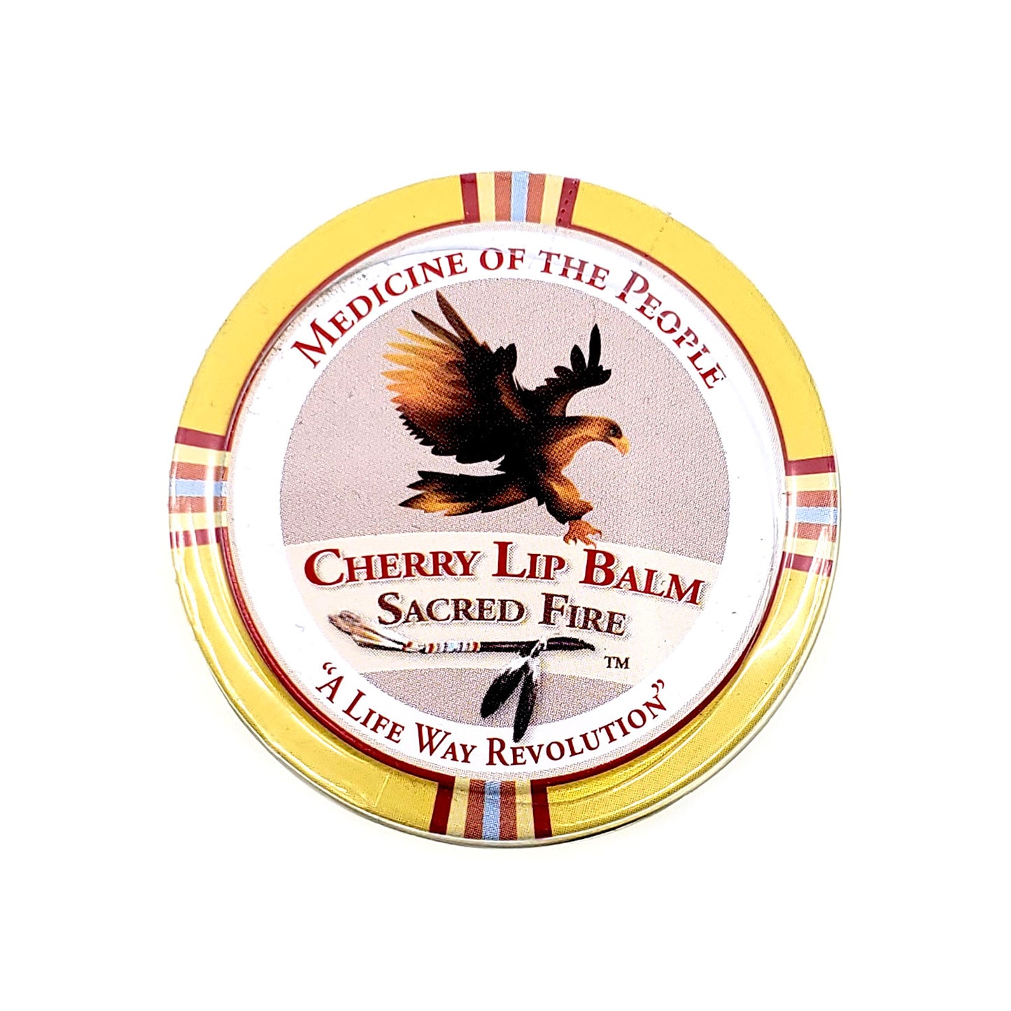 .75 ounce yellow travel tin with eagle cherry flavor lip balm sacred fire