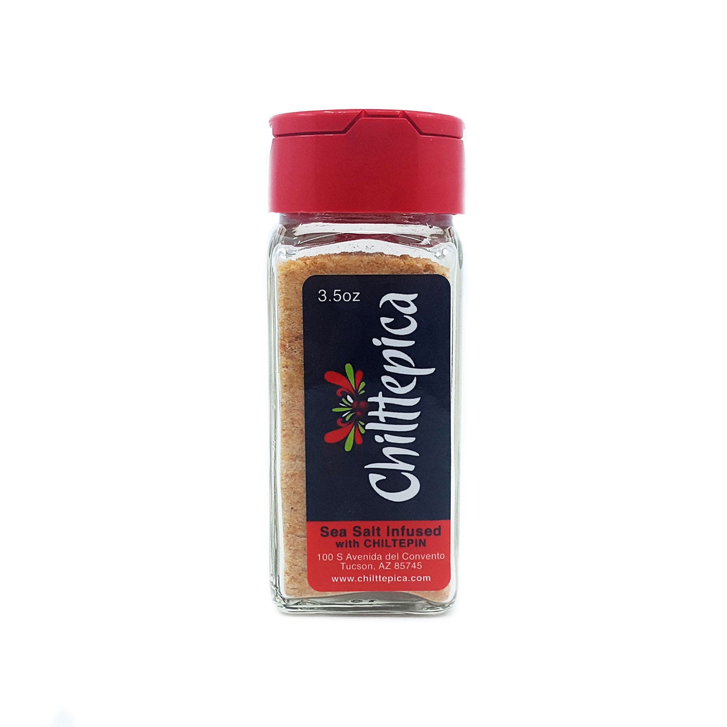Sea salt infused chiltepin powder is easy to measure and add as a seasoning to your favorite savory dishes Locally made Tucson product 3.5 oz. jar