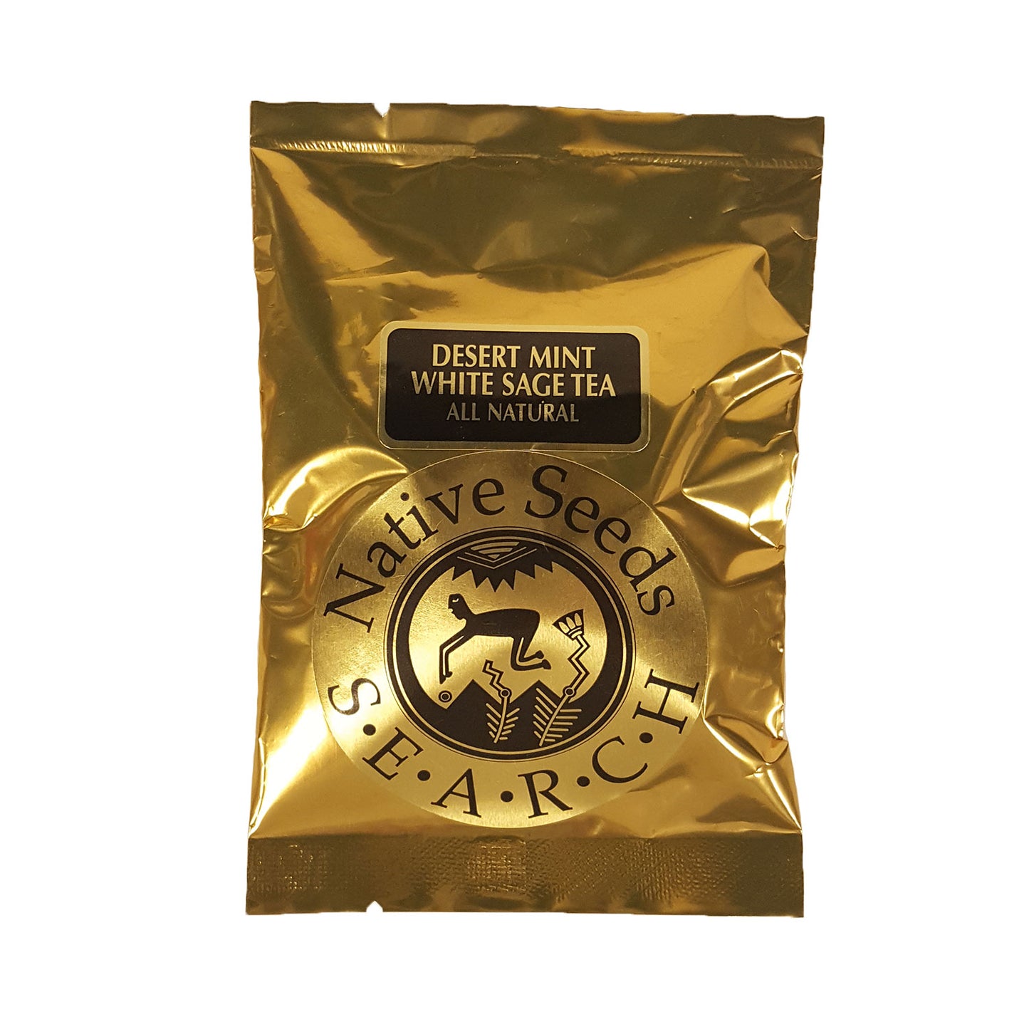 Gold foil package of 8 desert mint white sage tea bags featuring native seeds/SEARCH logo