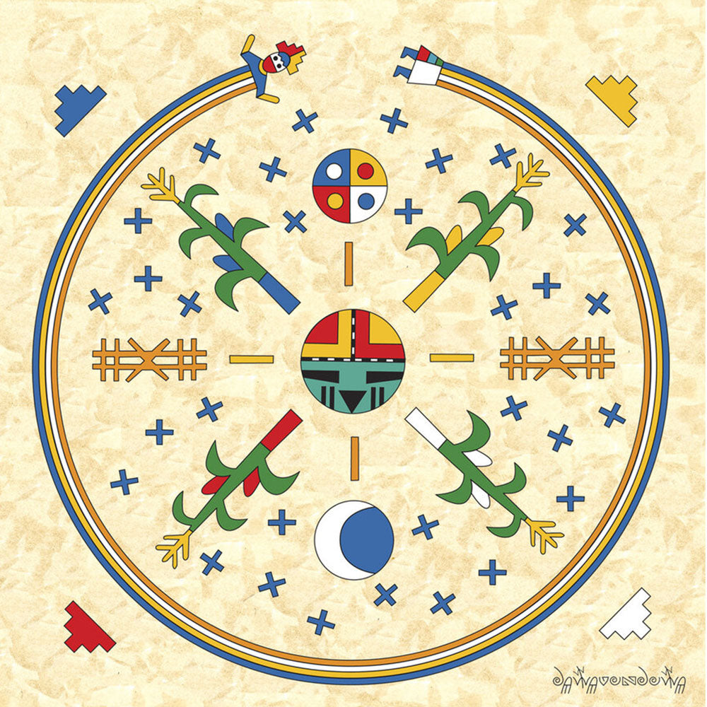 6" square wrapped canvas featuring sun, moon, earth and corn, by Hopi artist Gerald Dawavendewa 