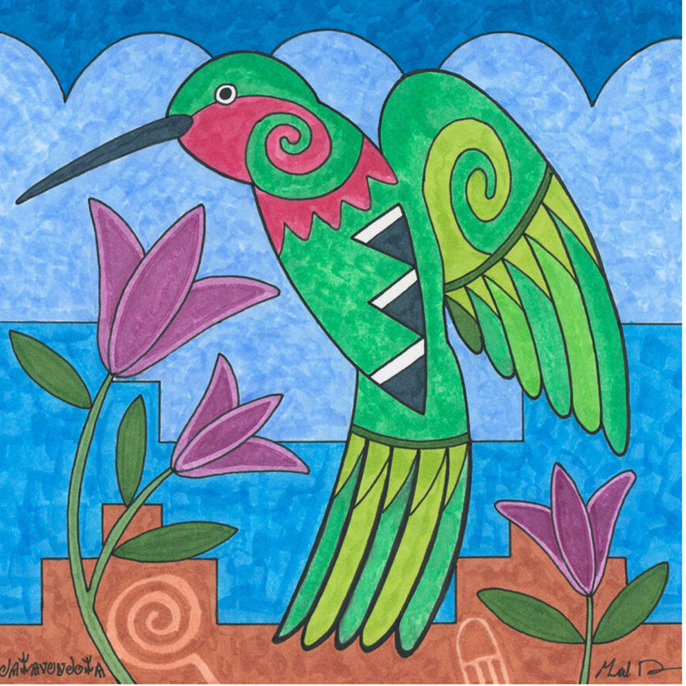 6" square wrapped canvas featuring hummingbird and flowers. Hopi artist Gerald Dawavendewa