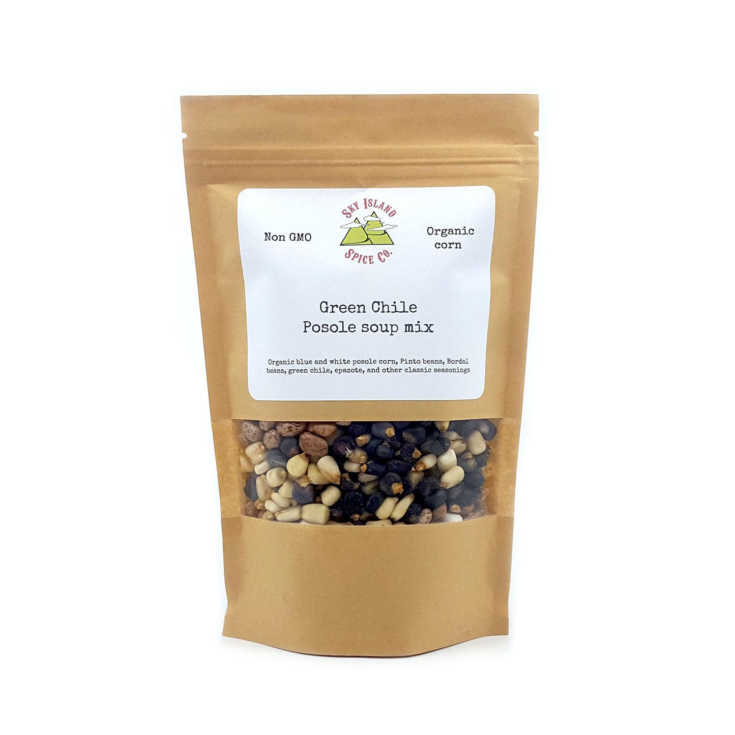 Organic blue and white posole corn, Pinto beans, Bordal beans, green chile, epazote and other traditional seasonings included Rinse and soak corn and beans overnight Easy to cook: add water, aromatics, and the protein of your choice, if desired Non GMO Delicious, hearty and comforting 4 servings
