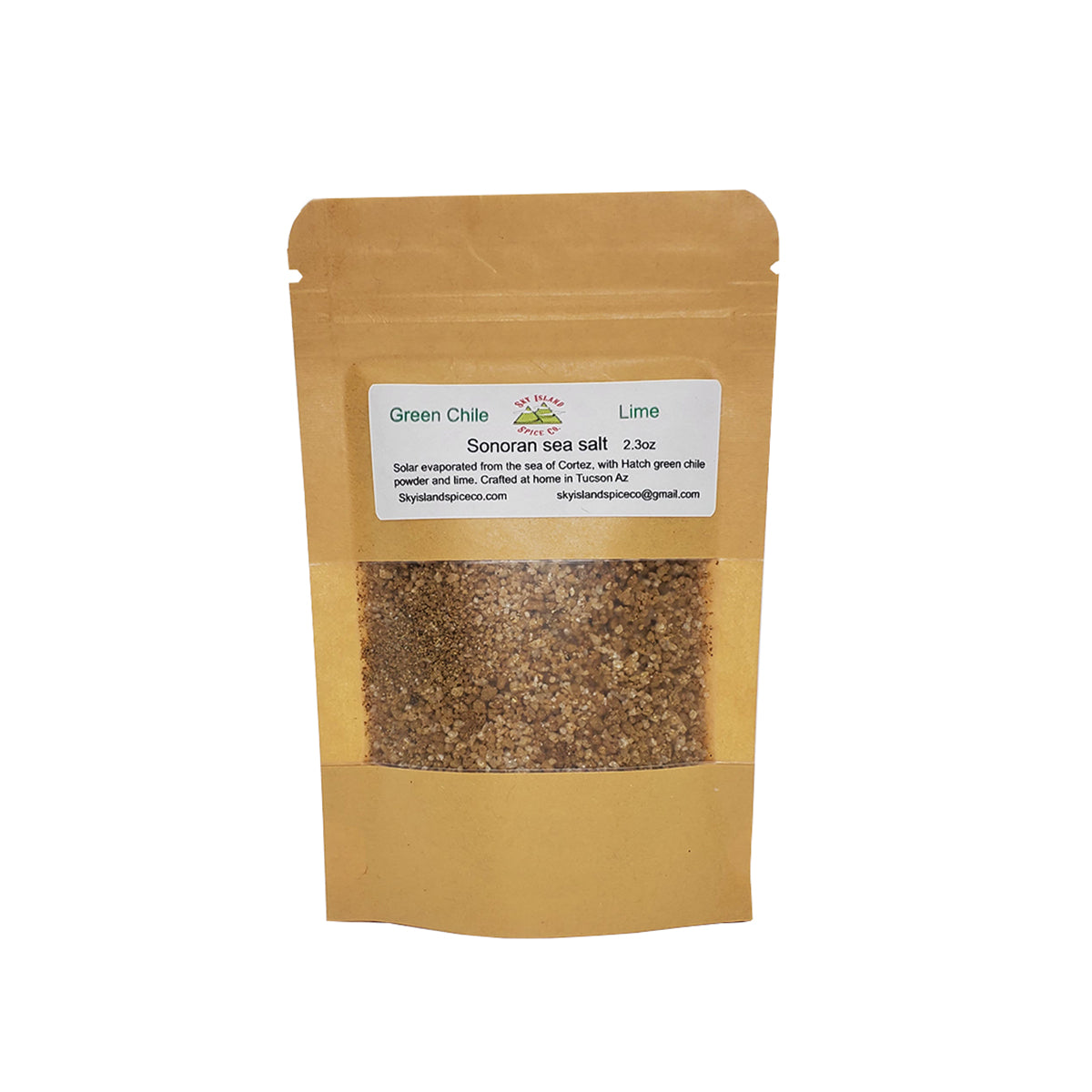 Solar evaporated salt from the Sea of Cortez Natural Sonoran sea salt blended with lime and Hatch green chile Crafted in Tucson, AZ Delicious sprinkled on fish, in salsa or cocktails! 2.3 ounces