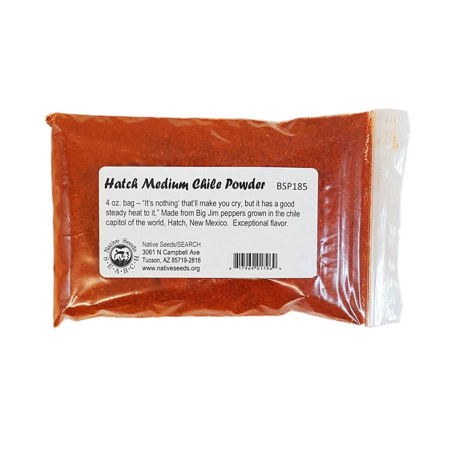 hatch medium chile powder. Made from Big Jim peppers grown in the chile capitol of the world, Hatch, New Mexico&nbsp; Nice steady heat to add to any dish! 4 ounce bag