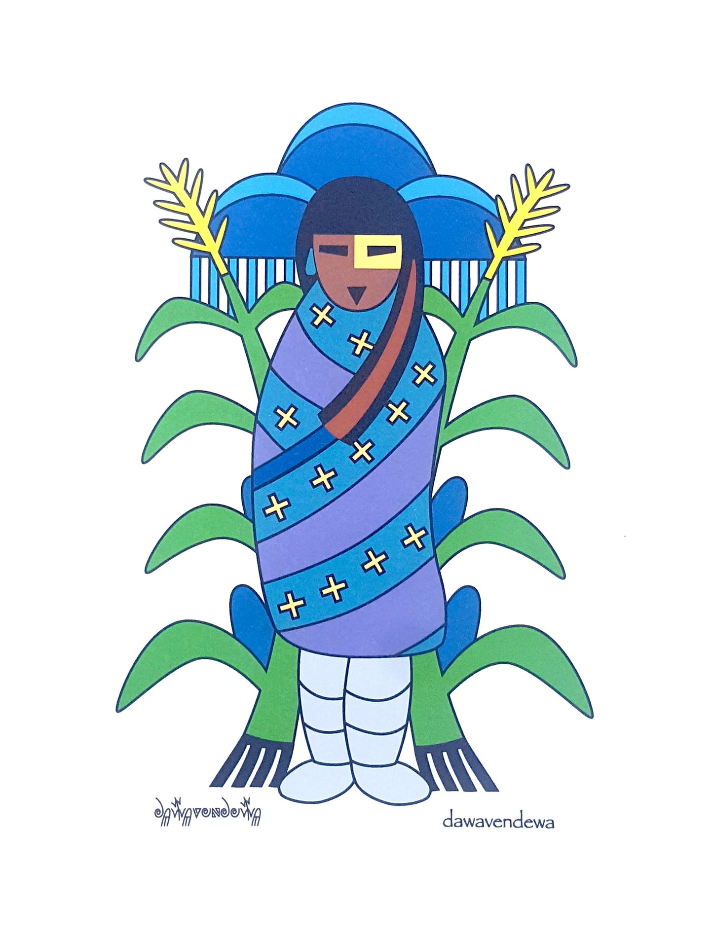 Corn Maiden in blue and purple. The designs on these cards are prints of original artwork by Hopi Artist&nbsp;Gerald A. A. Dawavendewa. The inside of these cards are blank allowing you to use these for all special occasions. Story on back, comes with white envelope.