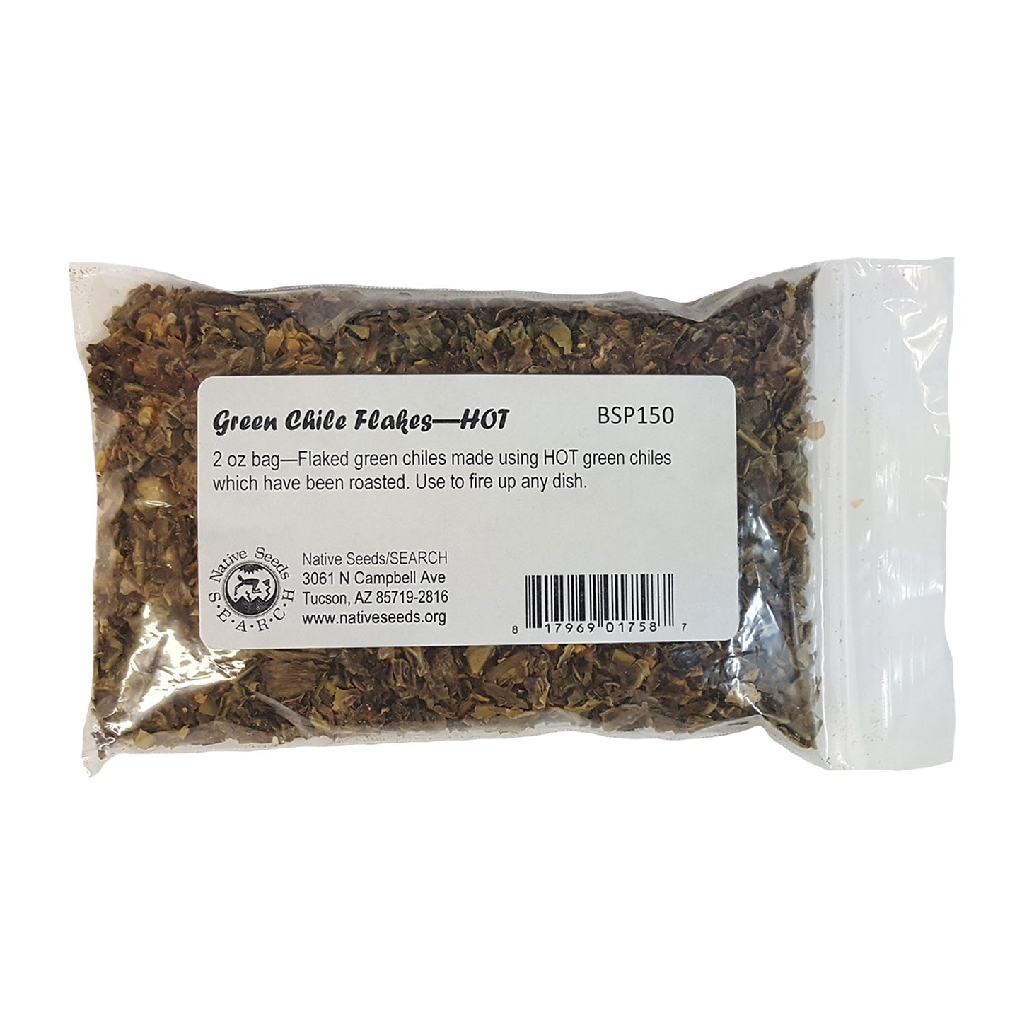 These hot green chiles are from New Mexico They are roasted, dried and crushed to produce a very spicy flake. Sprinkle onto a hot or cold dish for a little flare! 2 oz. bag.