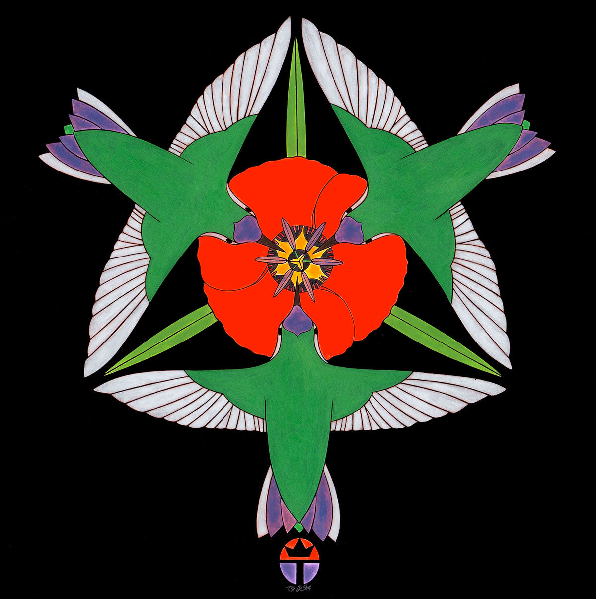 Full color print mandala of hummingbirds and red flower. Image measures 7.5" x 7.5" plus a 2.25" white border. Black frame with glass, measures 12" x 12".