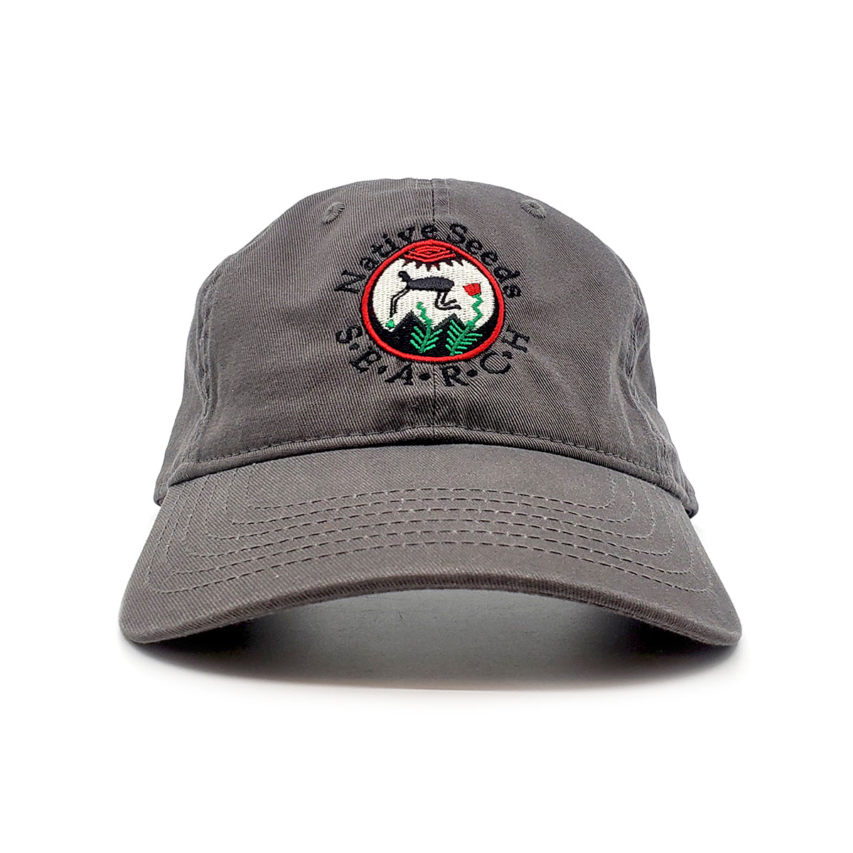 native seeds search logo baseball cap. 100% cotton with embroidered logo. grey color with logo front-and-center. comfy, breathable