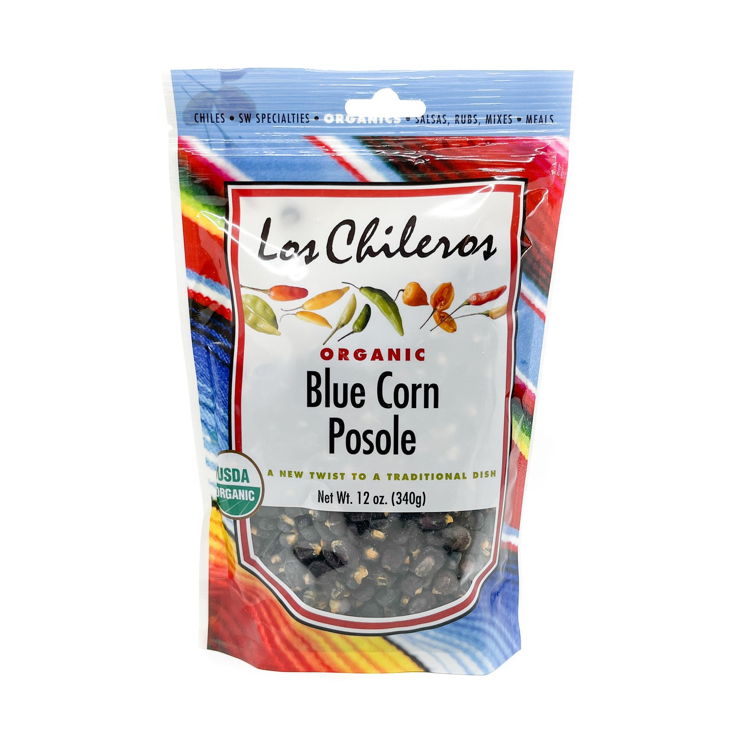Treated with lime to remove the hulls. Empty contents of package into a non-reactive container and cover with water; soak overnight. Boil posole in salted water for approximately 2 hours and then add meat, chile pods, oregano, garlic. Cover and simmer for another hour or until posole is tender, stirring occasionally. Blue Corn Posole is delicious with beans or on its own. Produces a beautiful broth.  12 oz. package