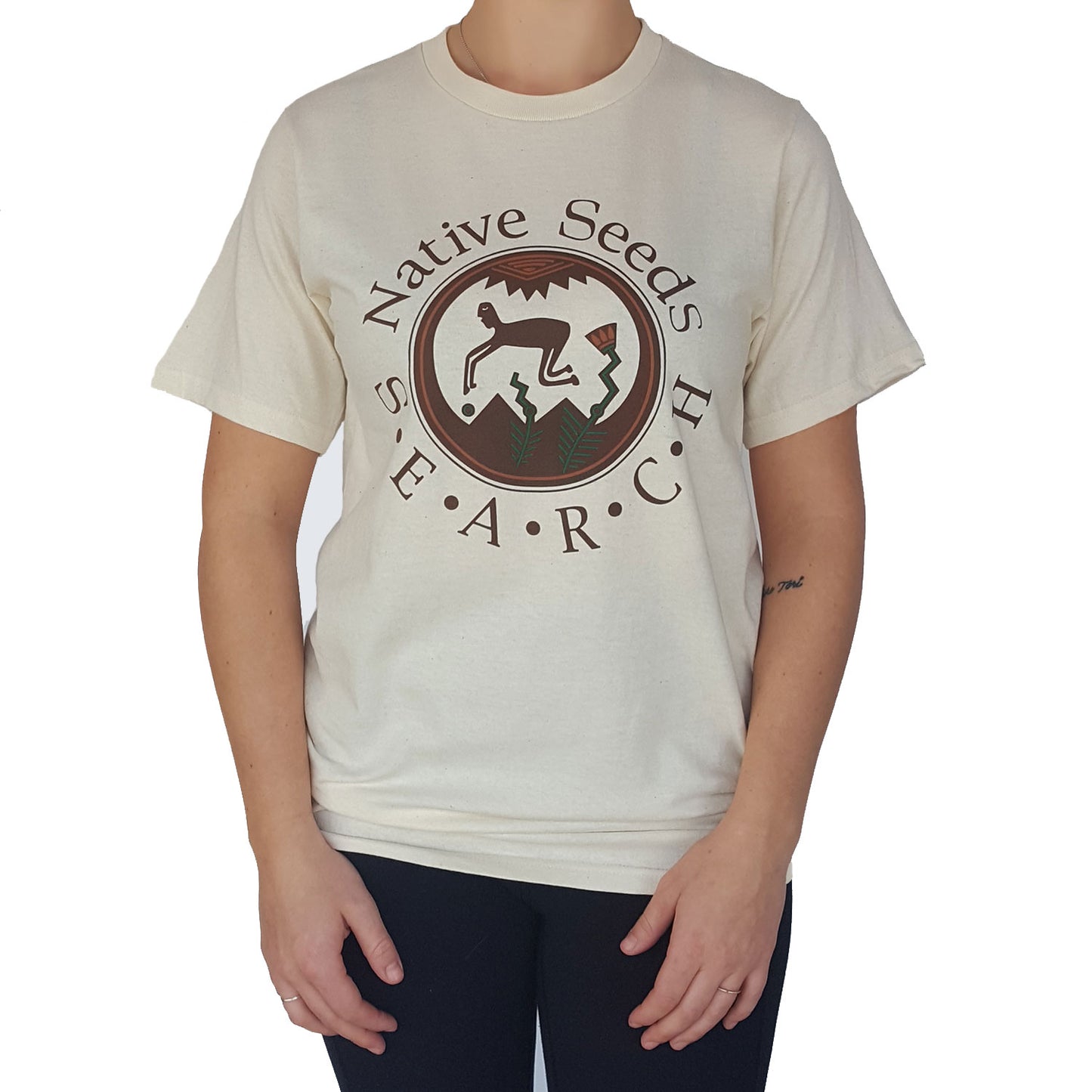 Logo T-Shirt - Ecru  Short sleeve, 100% cotton crew neck tee T-shirt features Native Seeds/SEARCH logo on front Unisex