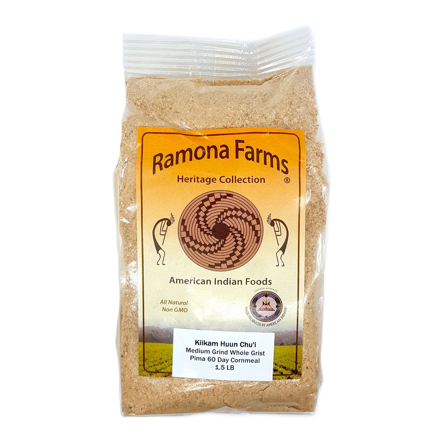 Pima 60 Day yellow corn meal (Kiikam Huun Chu'i) Medium grind, whole grist Great for corn bread! Non-GMO 1.5 lb. bag