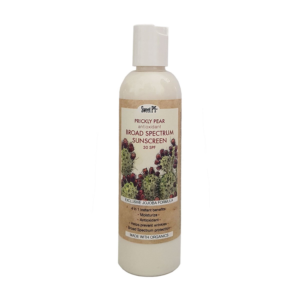SPF30 Prickly Pear Broad Spectrum Antioxidant Mineral Suncreen. Contains wild harvested and organic ingredients. Moisturizes and protects skin. No added fragrance, sulfates, phthalates, parabens or SLS. Cruelty Free. Handmade in Tucson, AZ.