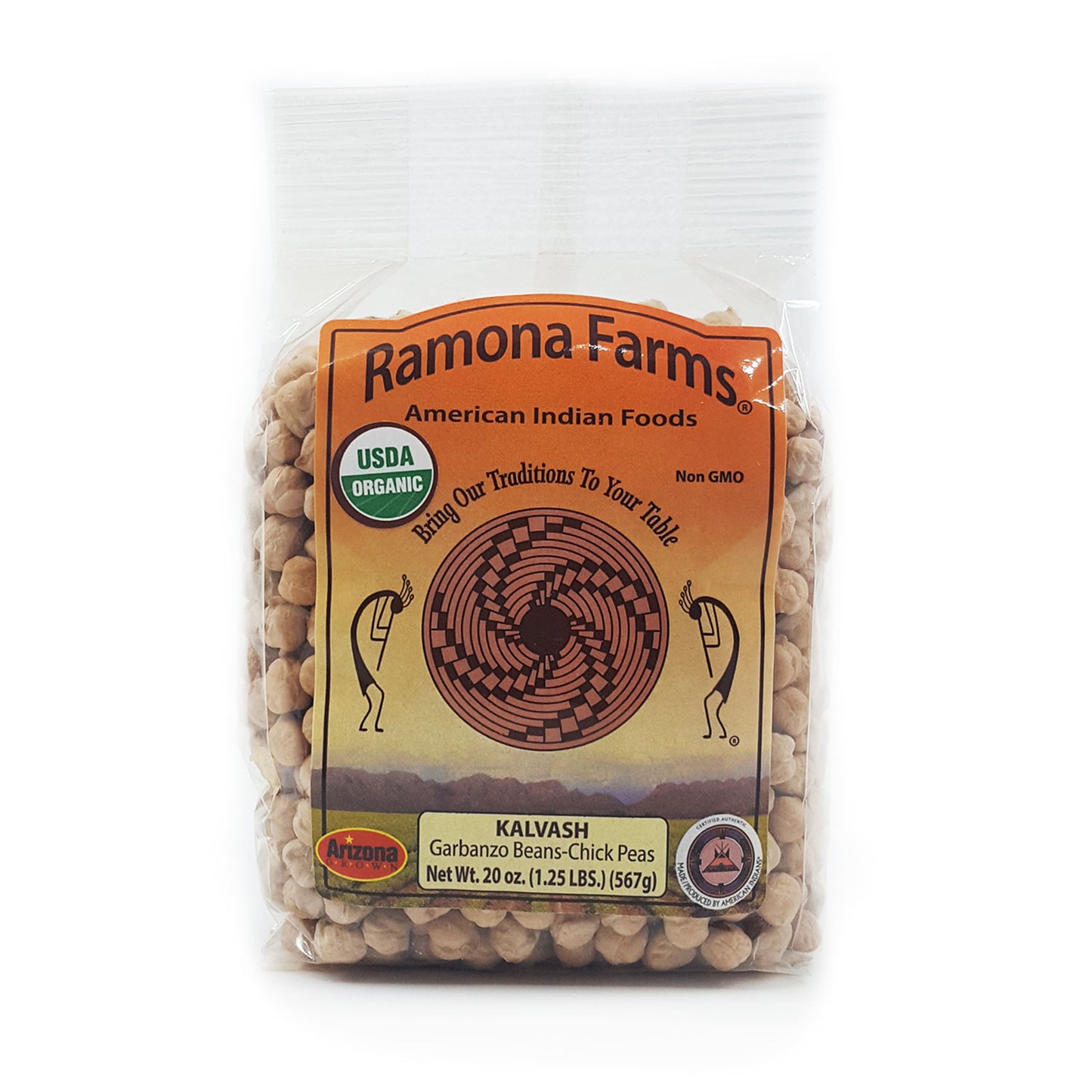 From Ramona Farms near Sacaton, AZ, on the Gila River Indian Reservation. These are organic, Non-GMO Kalvash (garbanzo beans/chickpeas). Delicious in soups and stews or perfect for making your own hummus.  Ramona Farms is a Native American owned and operated company.