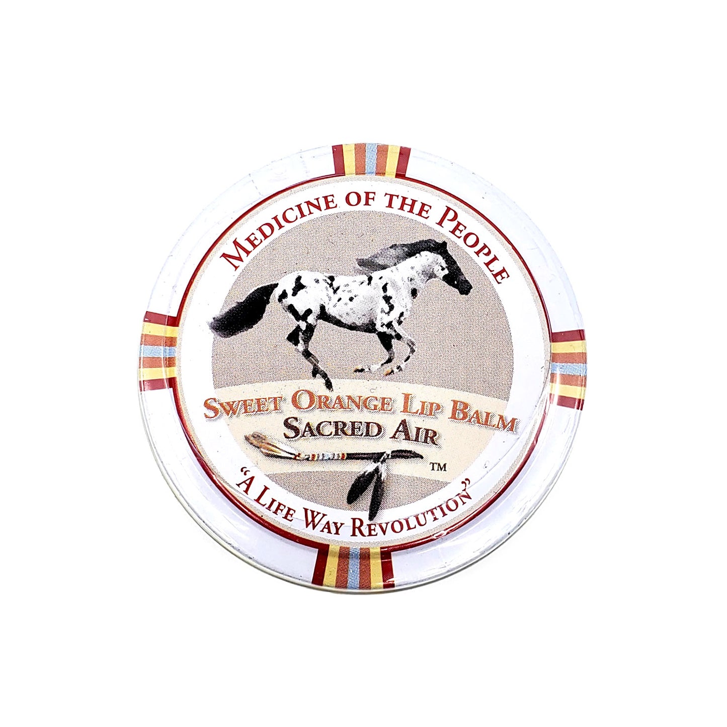 organic sweet orange essential oil ip balm in white travel tin with black and white horse