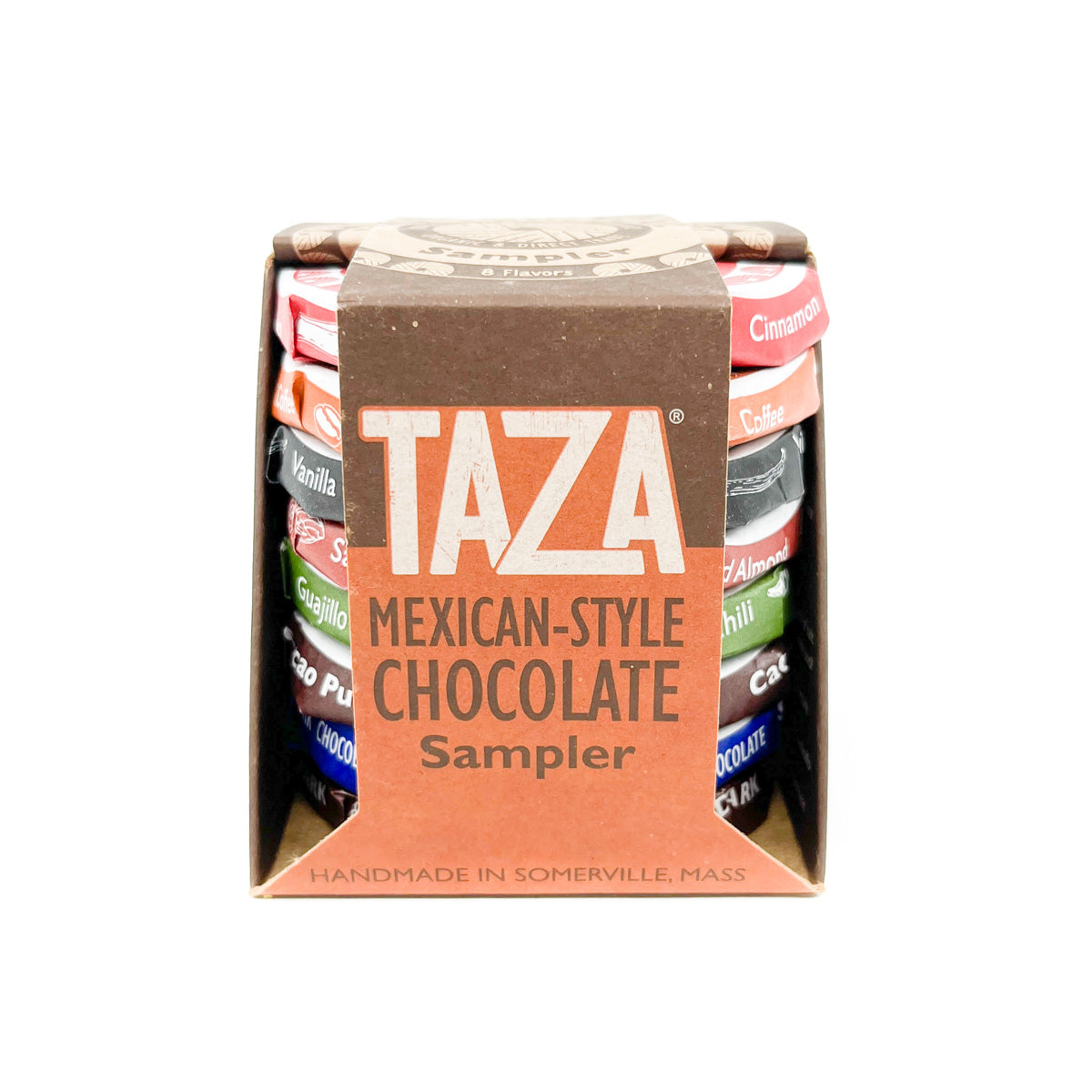 Contains eight 1Box of 8 Mexican-style stone ground organic and direct trade 1.3 oz. chocolate discs in different flavors: Cacao Puro, Chipotle Chili, Cinnamon, Coffee, Guajillo Chili, 85% Super Dark, Salted Almond, Vanilla